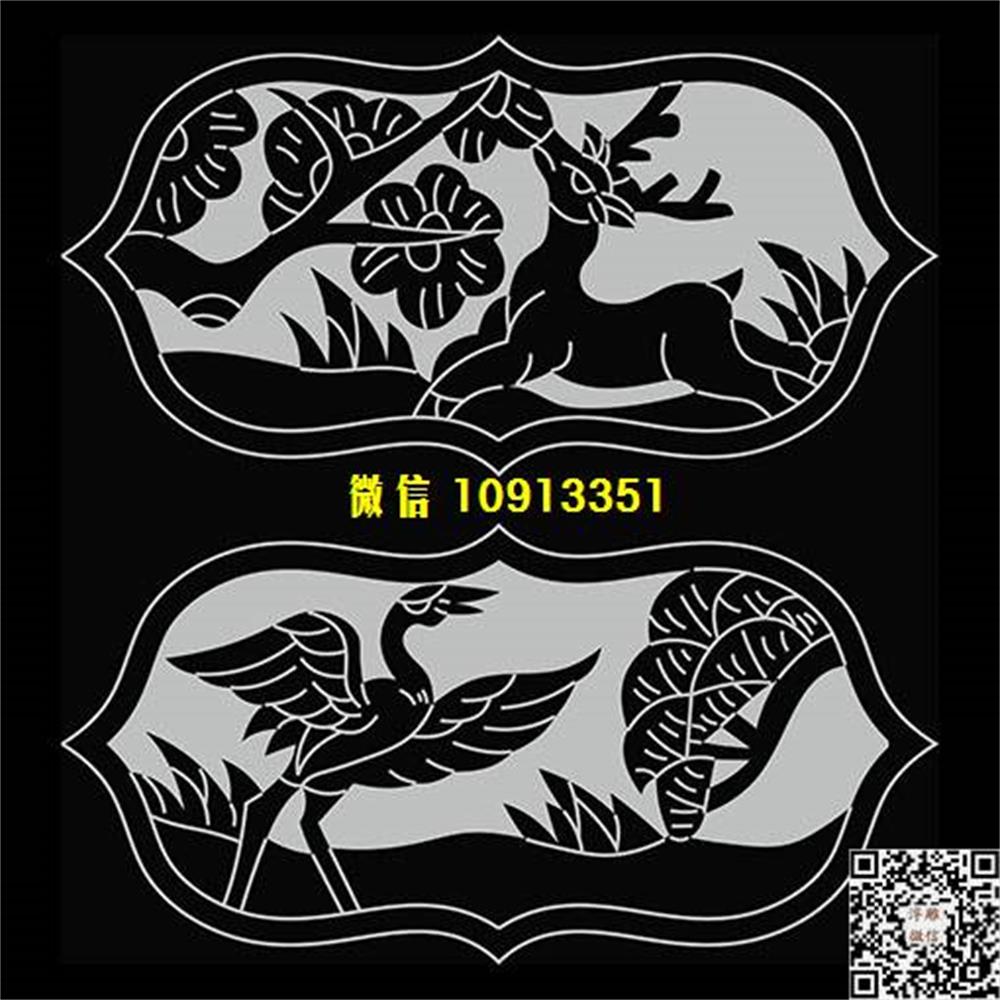 精雕图265鹤鹿栏板精雕图线雕图线条图单线铣底图_电脑雕刻plt文泰矢量图精雕图浮雕图